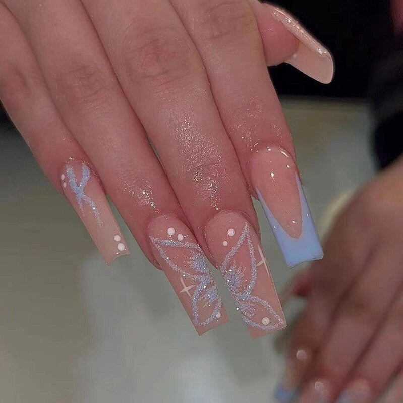 24pcs removeable false nails with glue Ballet nails with designs Gradient Shinny brown press on nails coffin glitter fake nails W071