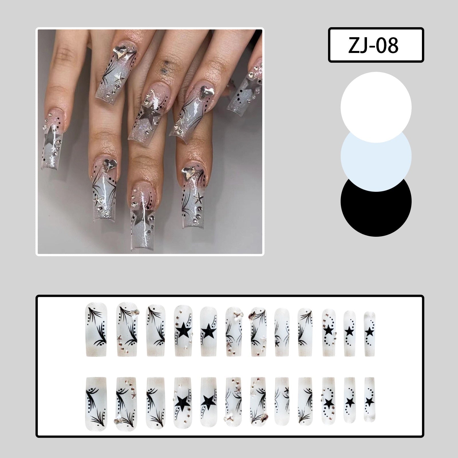 24pcs y2k Fake Nails Black White Star Printed Press on Nail Tips Long Coffin European Artificial Nail Patch for Girl Women H3
