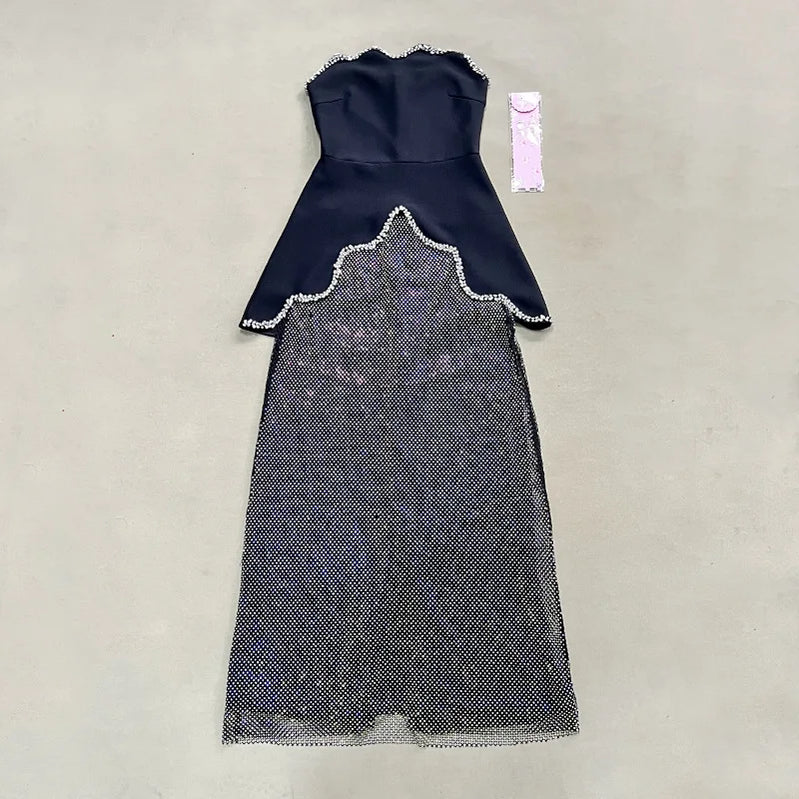 High street new black design sleeveless tube top short top + hot diamond skirt suit evening dress