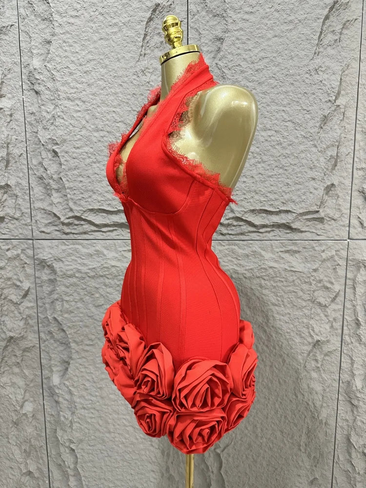 2015 Summer New Red Sexy Hanging Neck Deep V-neck Heavy duty Flower Mini Bandage Dress Sexy Fashion Party Dressn