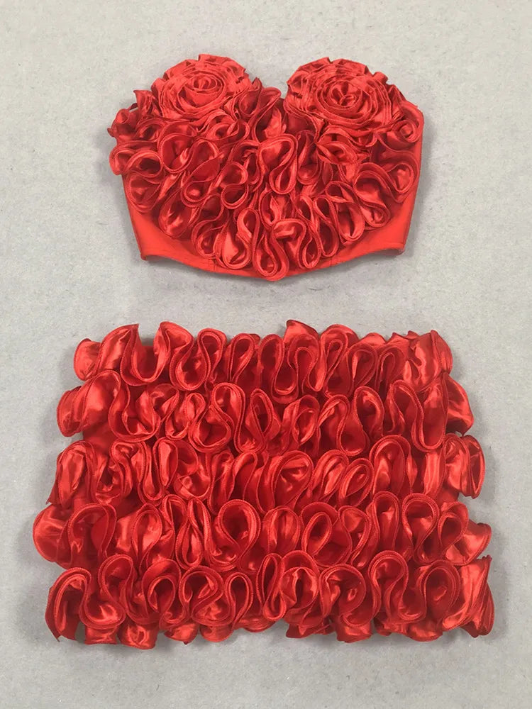 Women Summer Sexy Strapless Zipper Red Flower Mini Two Pieces Skirt Bandage Set 2025 Celebrity Designer Fashion Women's Set