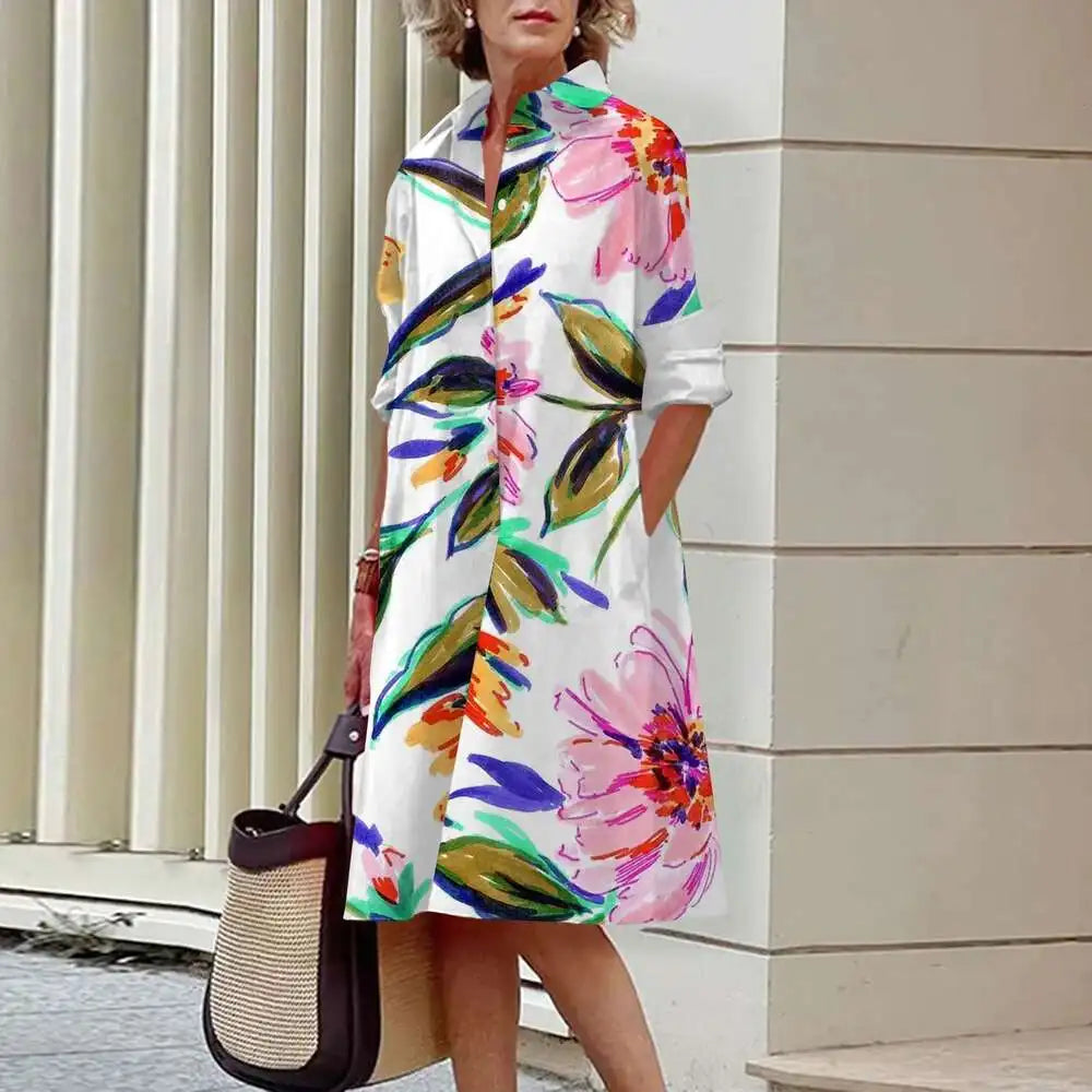 Vestidos de camisa elegantes femininos, moda outono, florais, manga comprida, soltos, linha A, vestidos femininos para escritório, vermelho, verde, lapela