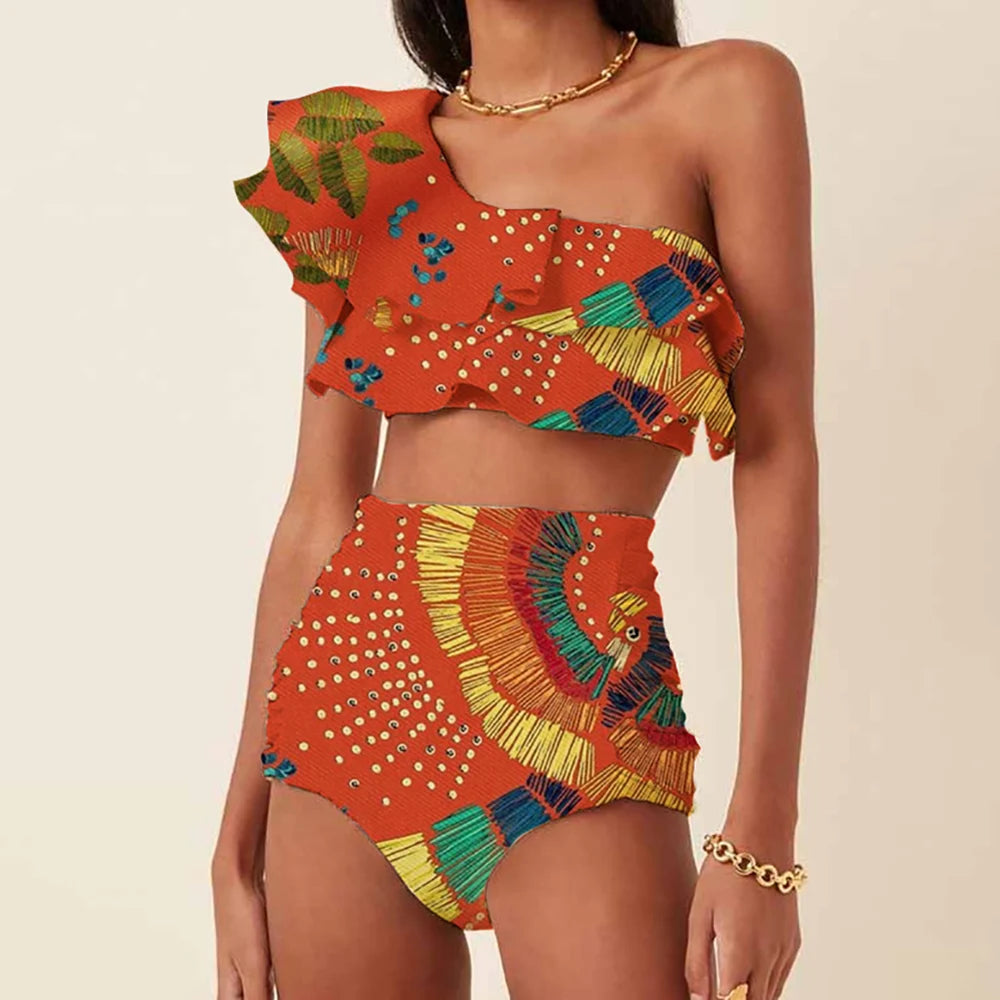 Women's Printed Ruffle Swimsuit Fashion One Shoulder Slash Breasted Bikini Two Piece High Waisted Tummy Tuck Beachwear 2023 New Orange