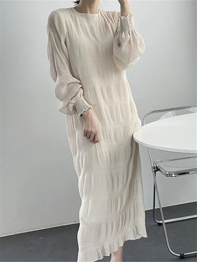 Vintage Elegant High Waist Pleated Chiffon Fashionable Korean Lady Women Spring Summer Long Dresses