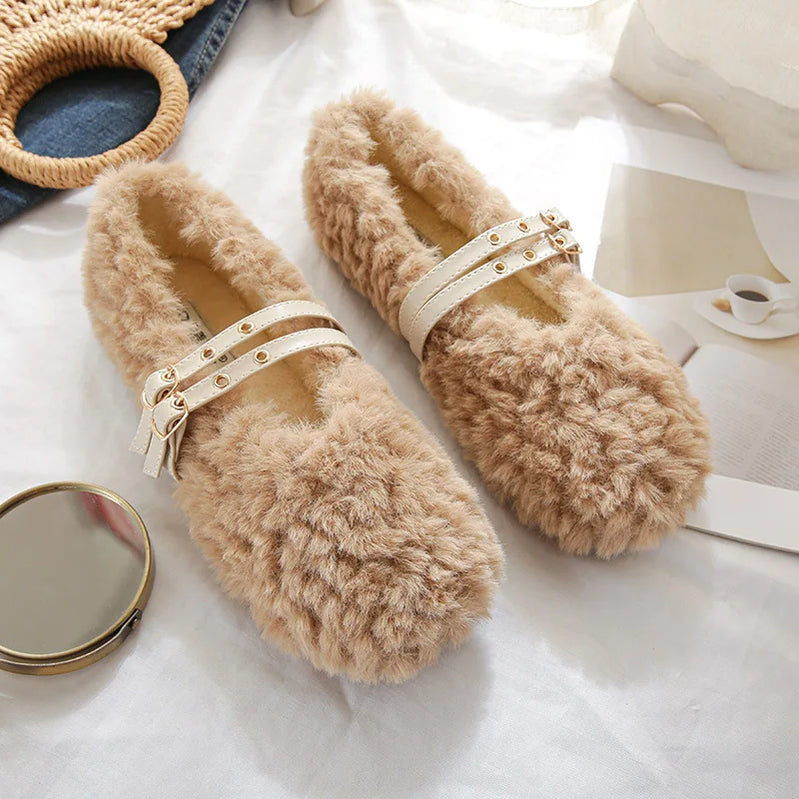 winter women's plush warm shoes Korean style pump loafers party and work wear Ladies' casual flats mary jane boat shoes