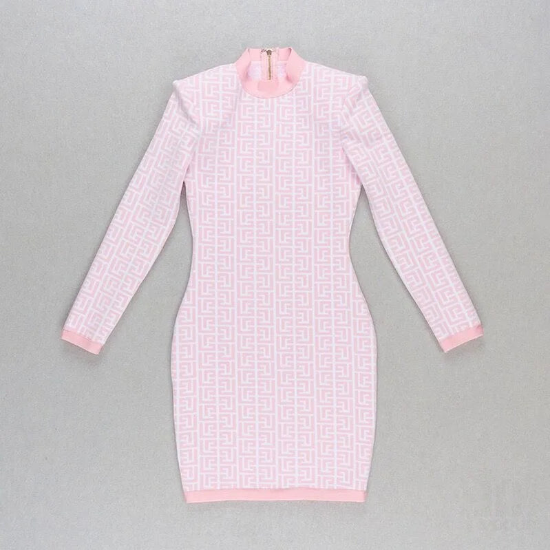 High Quality Black Full Sleeve Jacquard Mini Bandage Dress 2021 Celebrity Designer Fashion Evening Party Dress