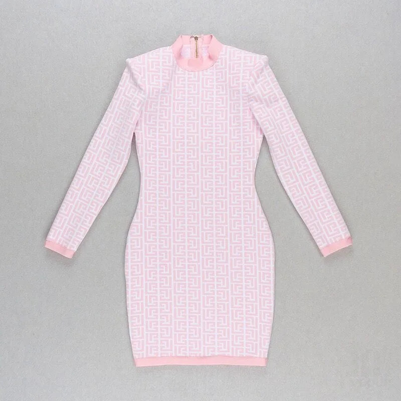 High Quality Black Full Sleeve Jacquard Mini Bandage Dress 2021 Celebrity Designer Fashion Evening Party Dress