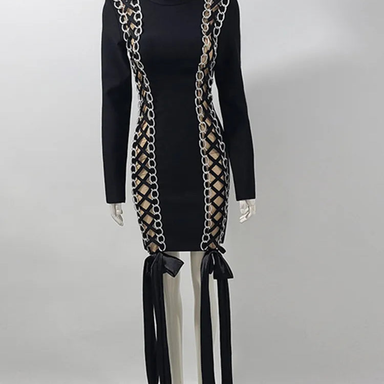 Women Celebrity Sexy Long Sleeve Lace Up Black Mini Bodycon Bandage Dress 2025 Elegant Evening Club Party Outfit