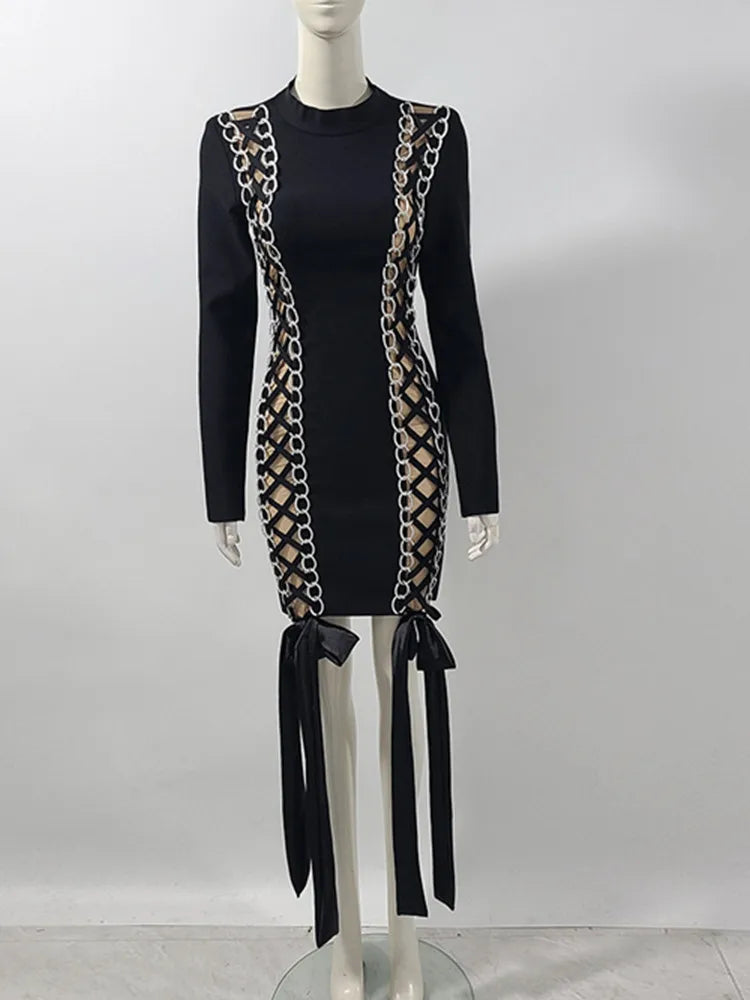 Women Celebrity Sexy Long Sleeve Lace Up Black Mini Bodycon Bandage Dress 2025 Elegant Evening Club Party Outfit