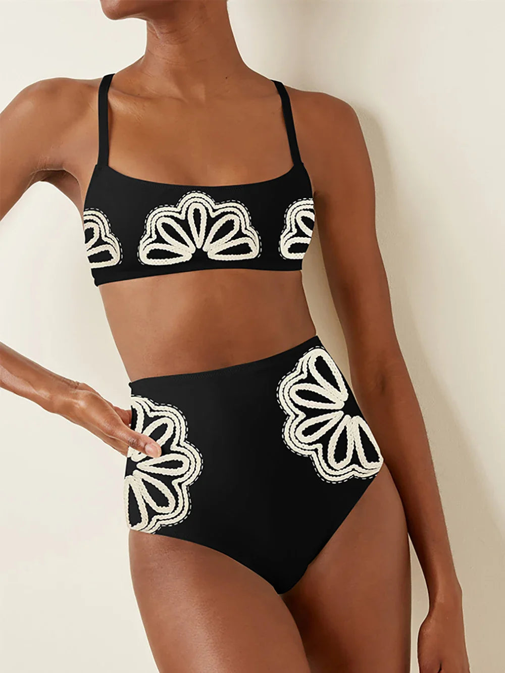 Bathing Suit Women Black Simple Print Fashion Swimsuit Sexy Printed Bikini High Waist Swimwear Two-piece and Skirt Beach Outfits