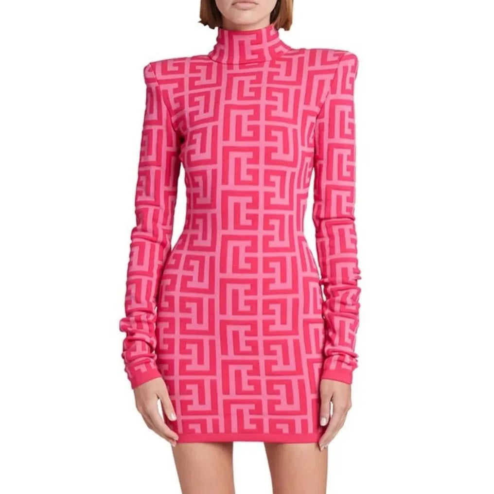 High Quality Black Full Sleeve Jacquard Mini Bandage Dress 2021 Celebrity Designer Fashion Evening Party Dress