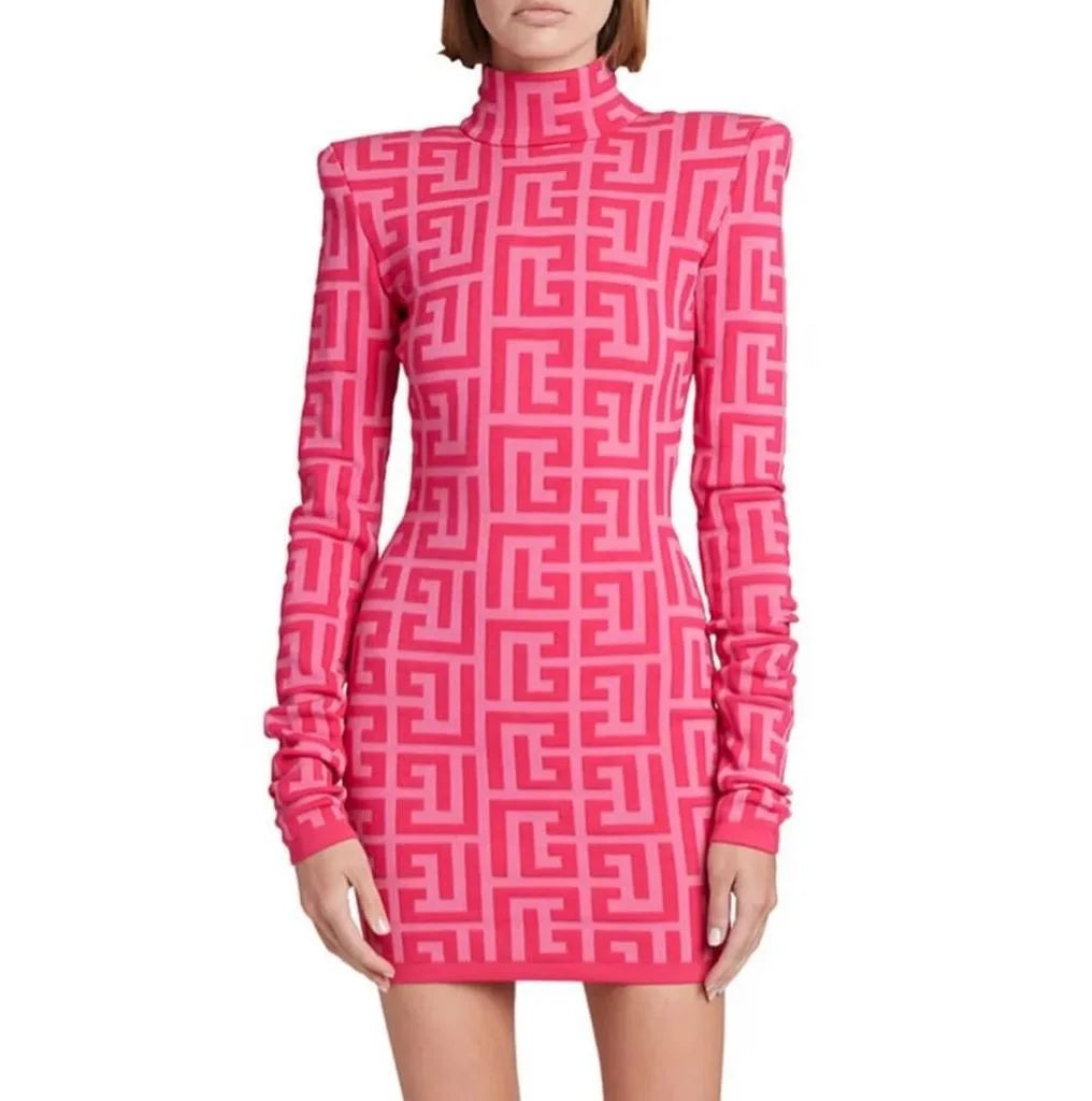 High Quality Black Full Sleeve Jacquard Mini Bandage Dress 2021 Celebrity Designer Fashion Evening Party Dress