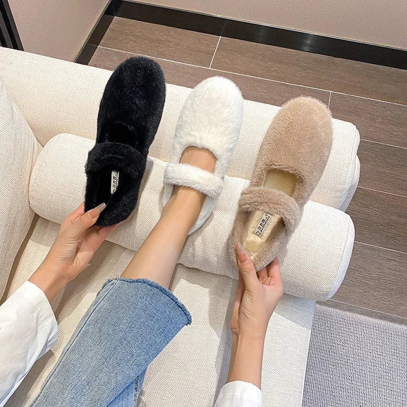 Winter Warm Women’s Plush Flat Shoes Korean style mary jane Ladies casual boat shoes Outdoor work shoes