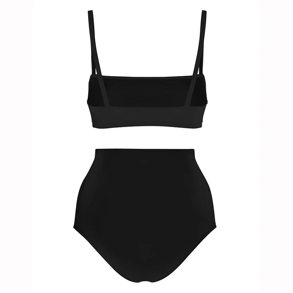 Bathing Suit Women Black Simple Print Fashion Swimsuit Sexy Printed Bikini High Waist Swimwear Two-piece and Skirt Beach Outfits