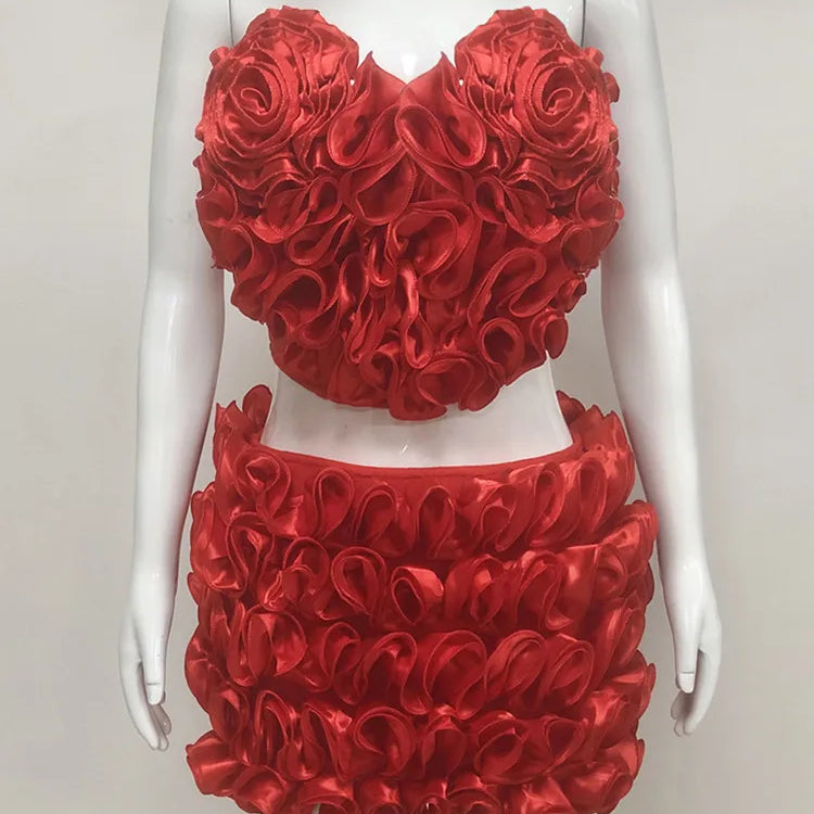 Women Summer Sexy Strapless Zipper Red Flower Mini Two Pieces Skirt Bandage Set 2025 Celebrity Designer Fashion Women's Set