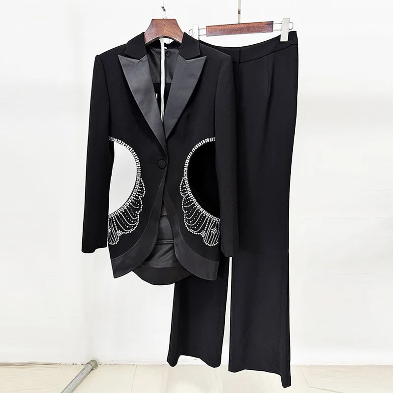 2025 summer new celebrity personality hollow out hot stamping suit jacket long pants set two-piece set