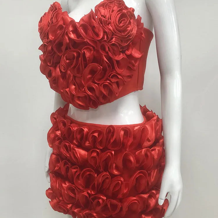Women Summer Sexy Strapless Zipper Red Flower Mini Two Pieces Skirt Bandage Set 2025 Celebrity Designer Fashion Women's Set