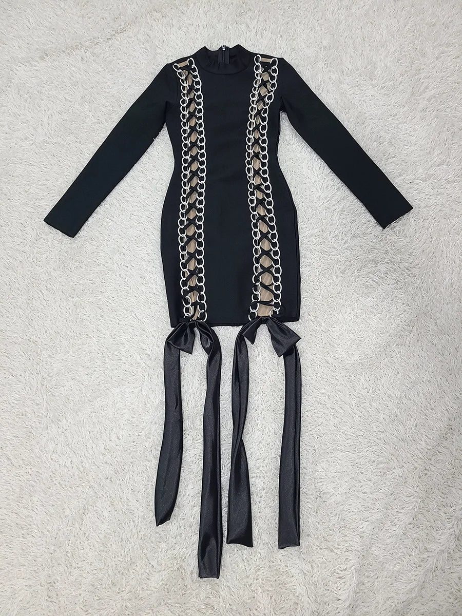 Women Celebrity Sexy Long Sleeve Lace Up Black Mini Bodycon Bandage Dress 2025 Elegant Evening Club Party Outfit