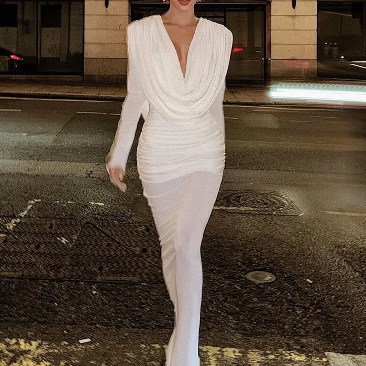 Women Celebrity Sexy Long Sleeve Deep V Neck Ruched White Maxi Long Gowns Dress 2025 Elegant Evening Party Club Vestido