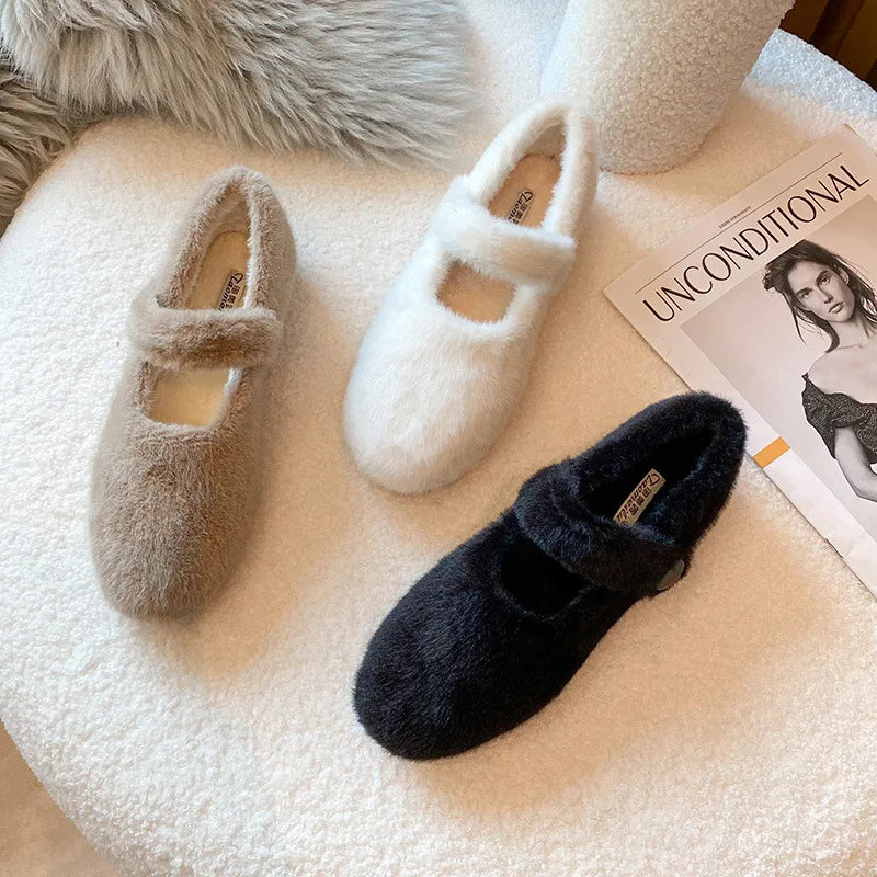 Winter Warm Women’s Plush Flat Shoes Korean style mary jane Ladies casual boat shoes Outdoor work shoes