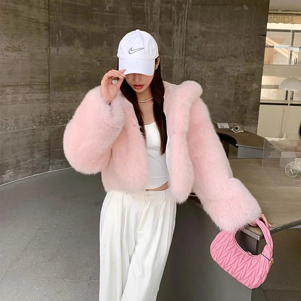 Faux fur coat for Women Luxury fur coat faux fur jackets for women faux fur Hooded coat Vintage fur coat Pink