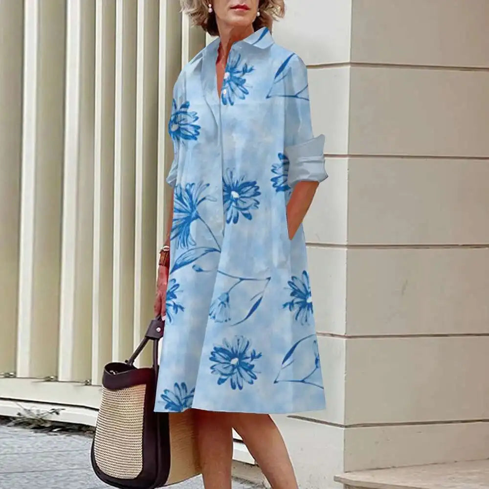 Vestidos de camisa elegantes femininos, moda outono, florais, manga comprida, soltos, linha A, vestidos femininos para escritório, vermelho, verde, lapela