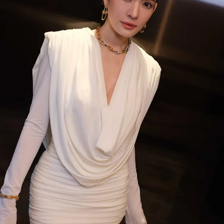 Women Celebrity Sexy Long Sleeve Deep V Neck Ruched White Maxi Long Gowns Dress 2025 Elegant Evening Party Club Vestido