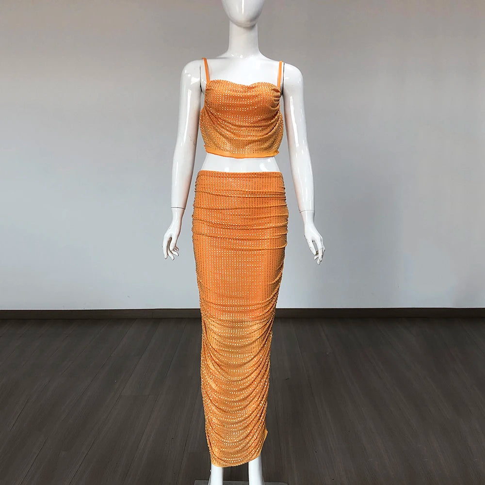 High Street Summer New Arrival Orange Sexy Spaghetti Straps Short Top +High Waist Pencil Skirt 2 Piece Set Vintage