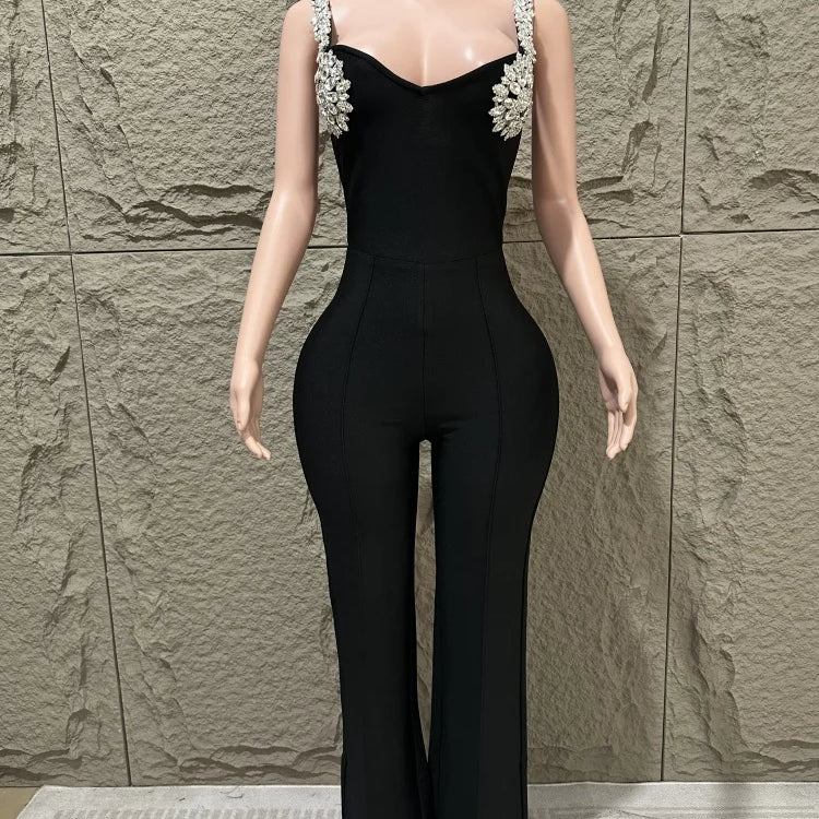 Summer new socialite style women's sexy suspender, luxurious diamond inlaid flower temperament, elegant bandage jumpsuit