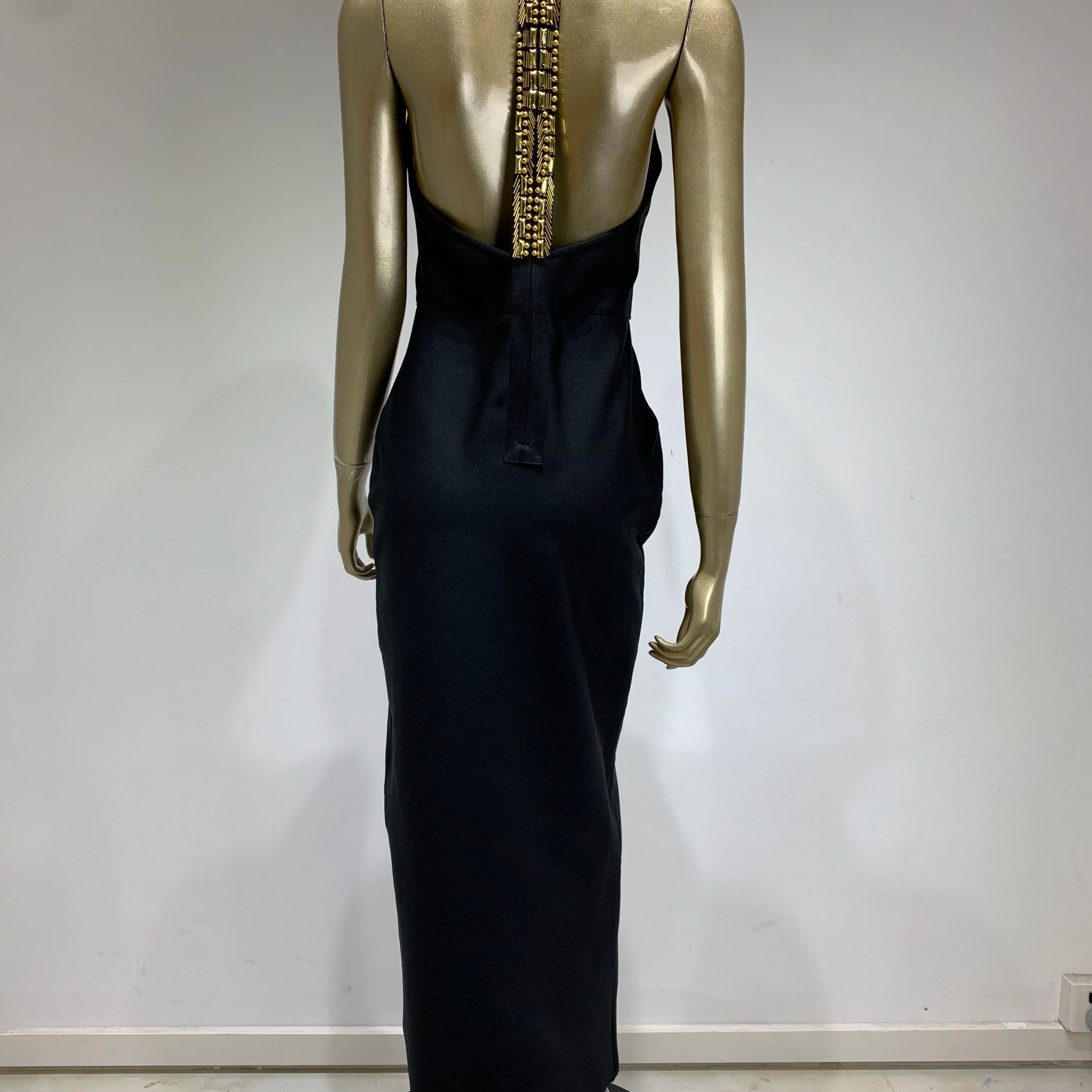 Women Celebrity Sexy Turtleneck Beading Patchwork Black Maxi Long Bodycon Bandage Dress 2025 Elegant Evening Club Party Outfit