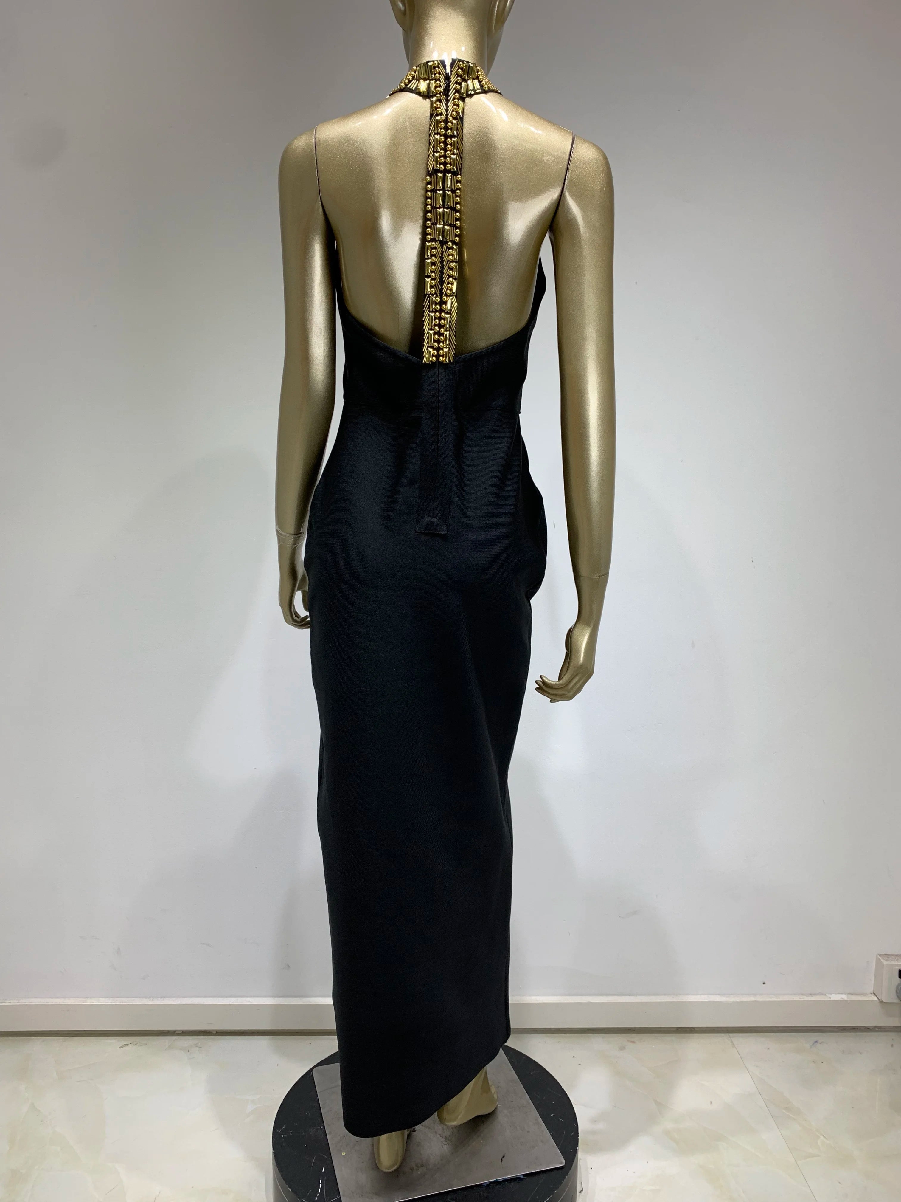 Women Celebrity Sexy Turtleneck Beading Patchwork Black Maxi Long Bodycon Bandage Dress 2025 Elegant Evening Club Party Outfit