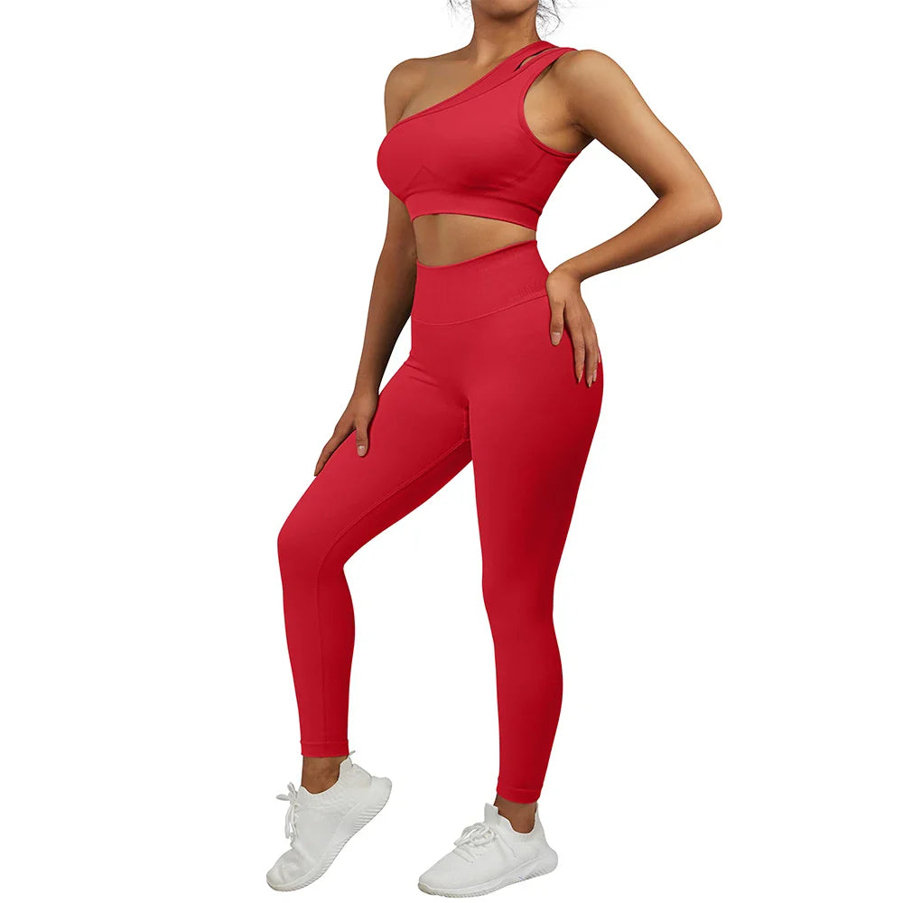 One Shoulder Yoga Sets Women Sportswear Gym Clothing High Waist Leggings Workout Gym Outfits Fitness Wear Sports Yoga Suits SS321RE L
