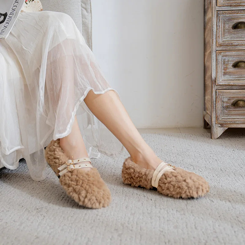 winter women's plush warm shoes Korean style pump loafers party and work wear Ladies' casual flats mary jane boat shoes