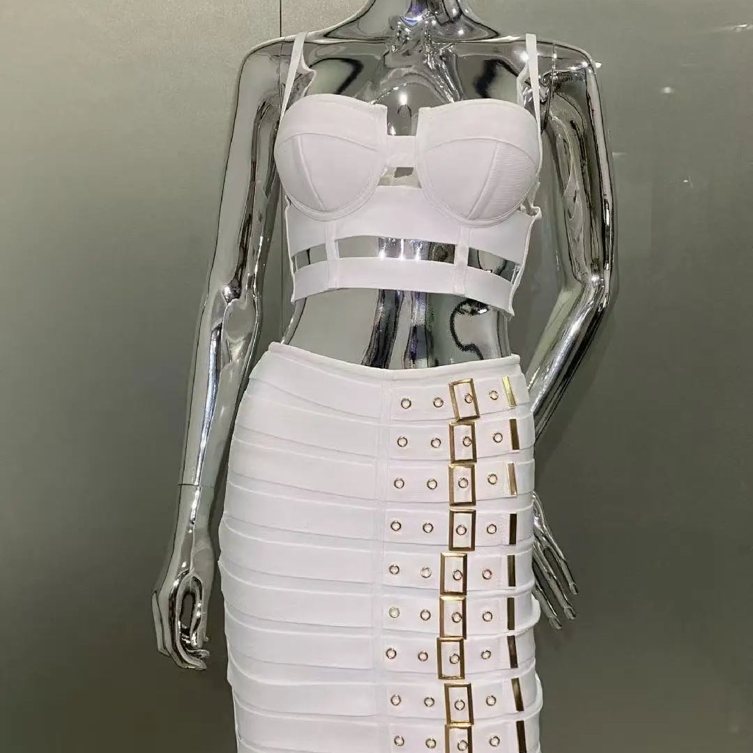 2025 Summer women's new white sexy camisole top+belt buckle mini skirt fashionable 2 piece bandage set