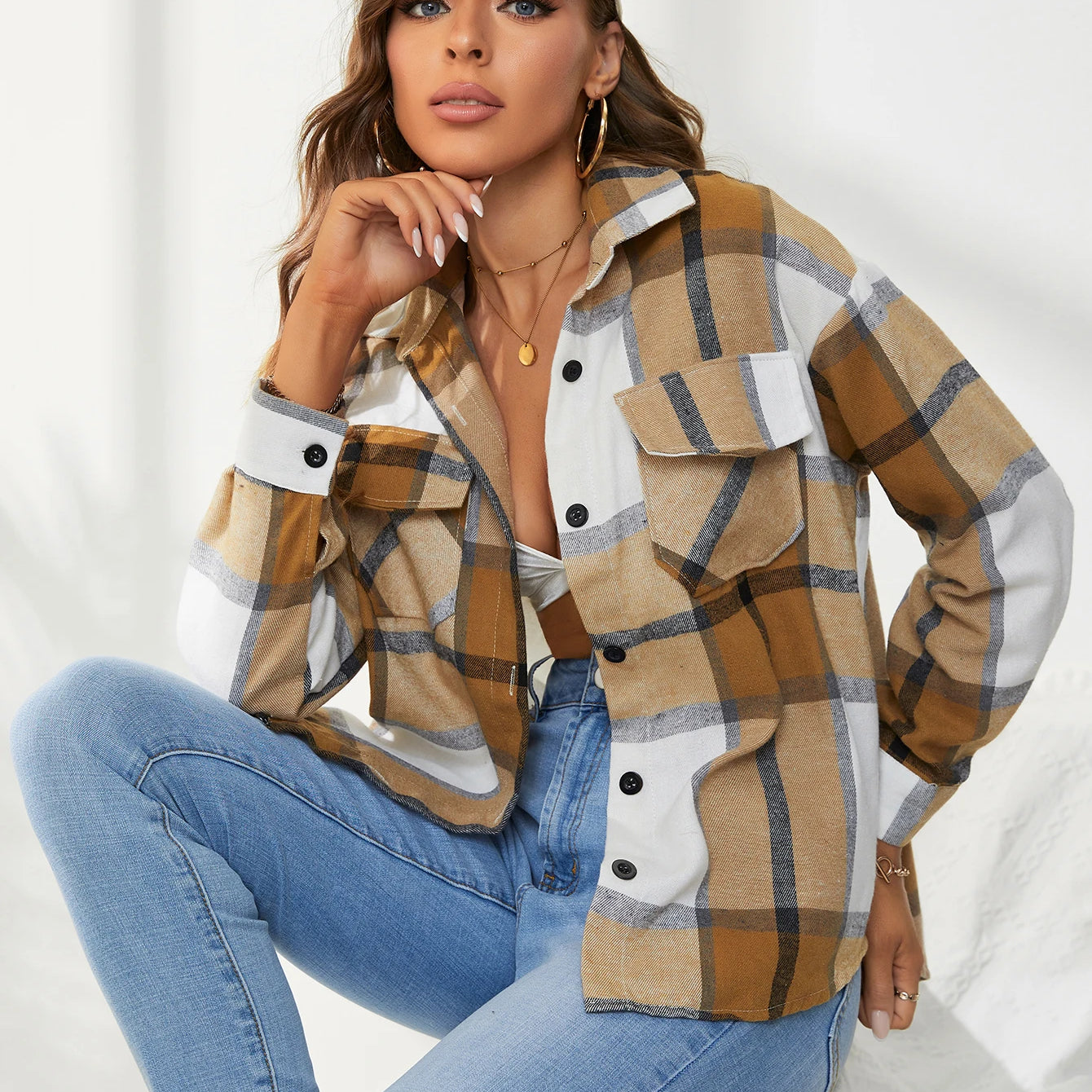 Lapel Plaid Women‘s Shirts Spring Autumn Single Breasted Brushed Long Sleeve Blouses Streetwear Girls