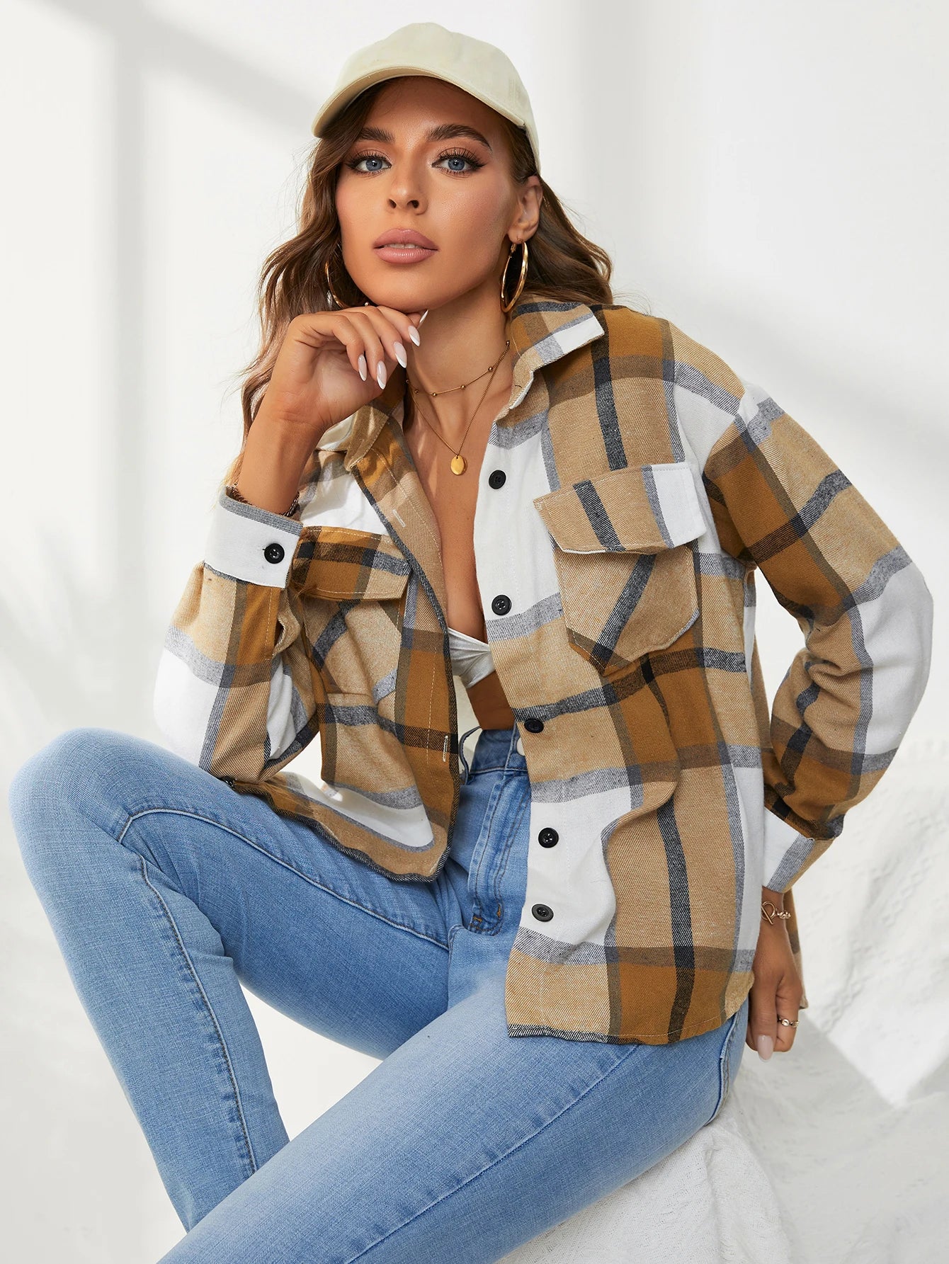 Lapel Plaid Women‘s Shirts Spring Autumn Single Breasted Brushed Long Sleeve Blouses Streetwear Girls