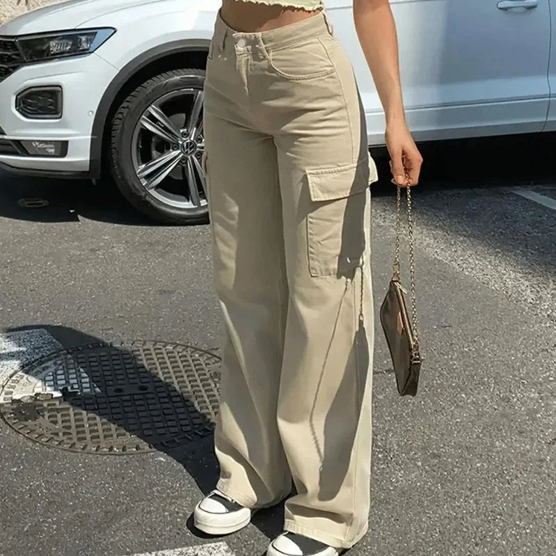 Fashion Women Cargo Pants Straight Fit Baggy Wide Leg High Waist Pants Y2K Pockets Retro Street Style Casual Trousers