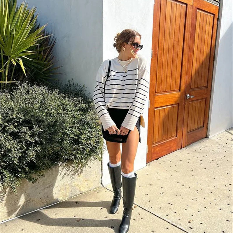 Ladies Vintage Autumn Winter Sweater Women Pullovers Oversized Loose Striped Casual Knit Chic Jumper Women Sweater Tops Female