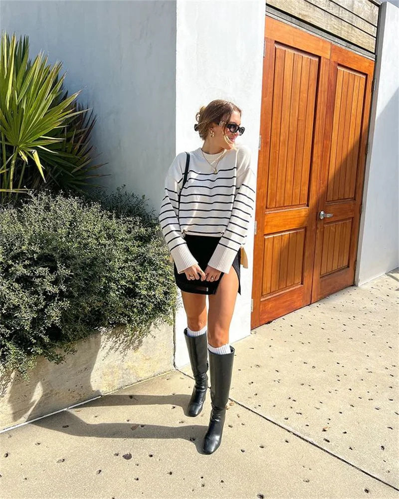 Ladies Vintage Autumn Winter Sweater Women Pullovers Oversized Loose Striped Casual Knit Chic Jumper Women Sweater Tops Female