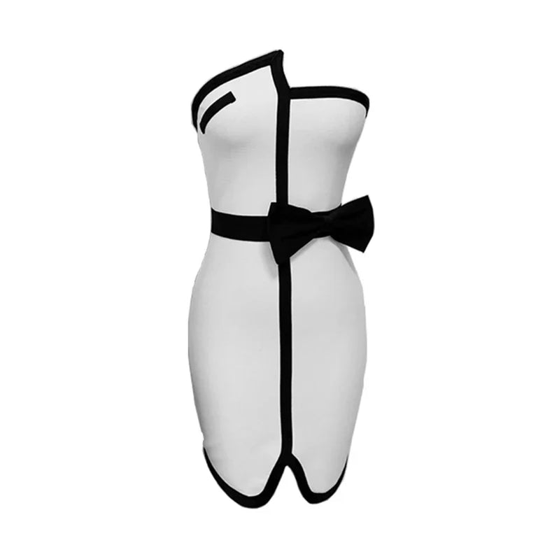 Women's Patchwork Mini Bandage Black Bow Strapless Bodycon Summer Sexy Elegant Club Celebrity Evening Party Dresses WHITE