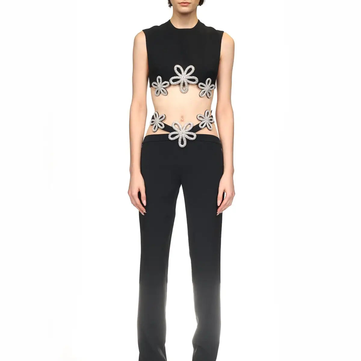 2024 Summer Women's Spicy Girl Set Black Sleeveless Tank Top Flower Low Waist Elastic Tight Pants Fashionable Heavy Industry Two