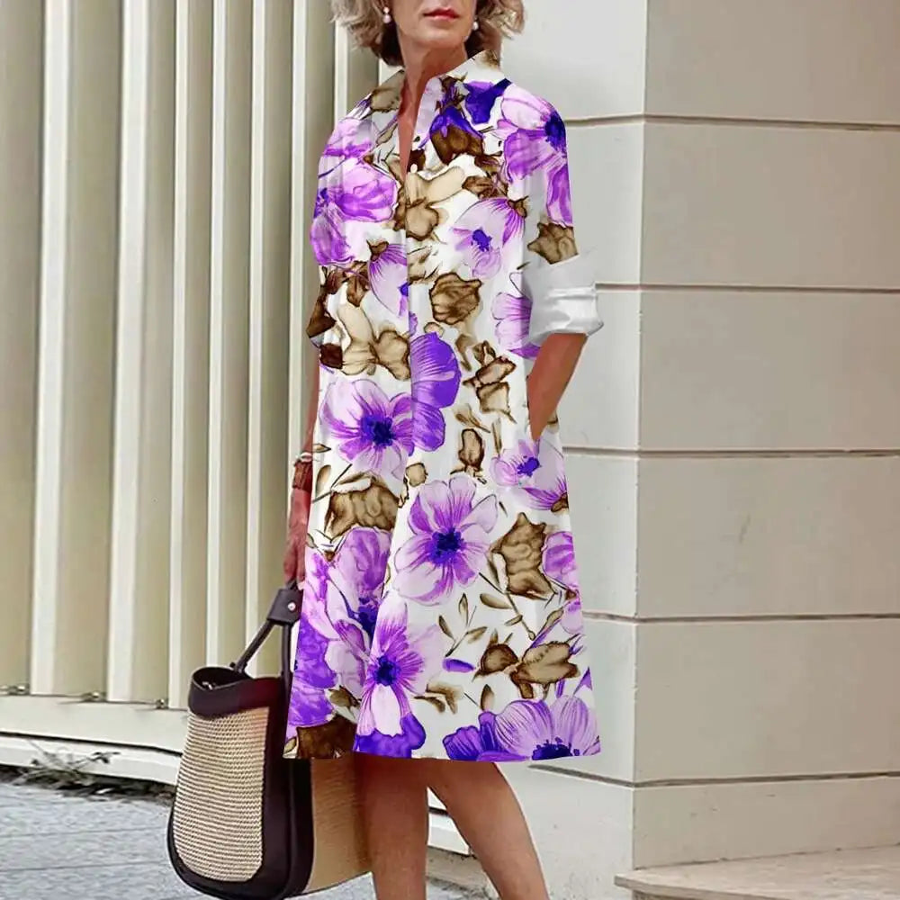 Vestidos de camisa elegantes femininos, moda outono, florais, manga comprida, soltos, linha A, vestidos femininos para escritório, vermelho, verde, lapela