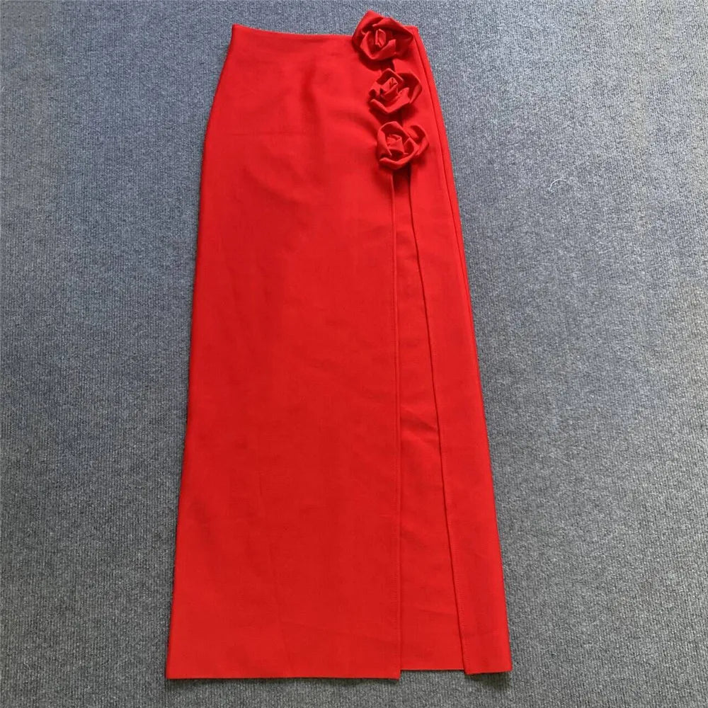 2024 summer new women's clothing red three-dimensional flower high slit bandage long skirt half skirt elegant fashion party wear
