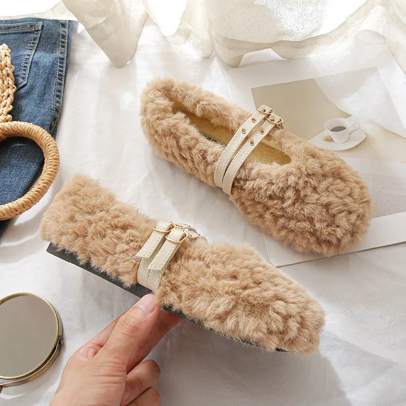 winter women's plush warm shoes Korean style pump loafers party and work wear Ladies' casual flats mary jane boat shoes