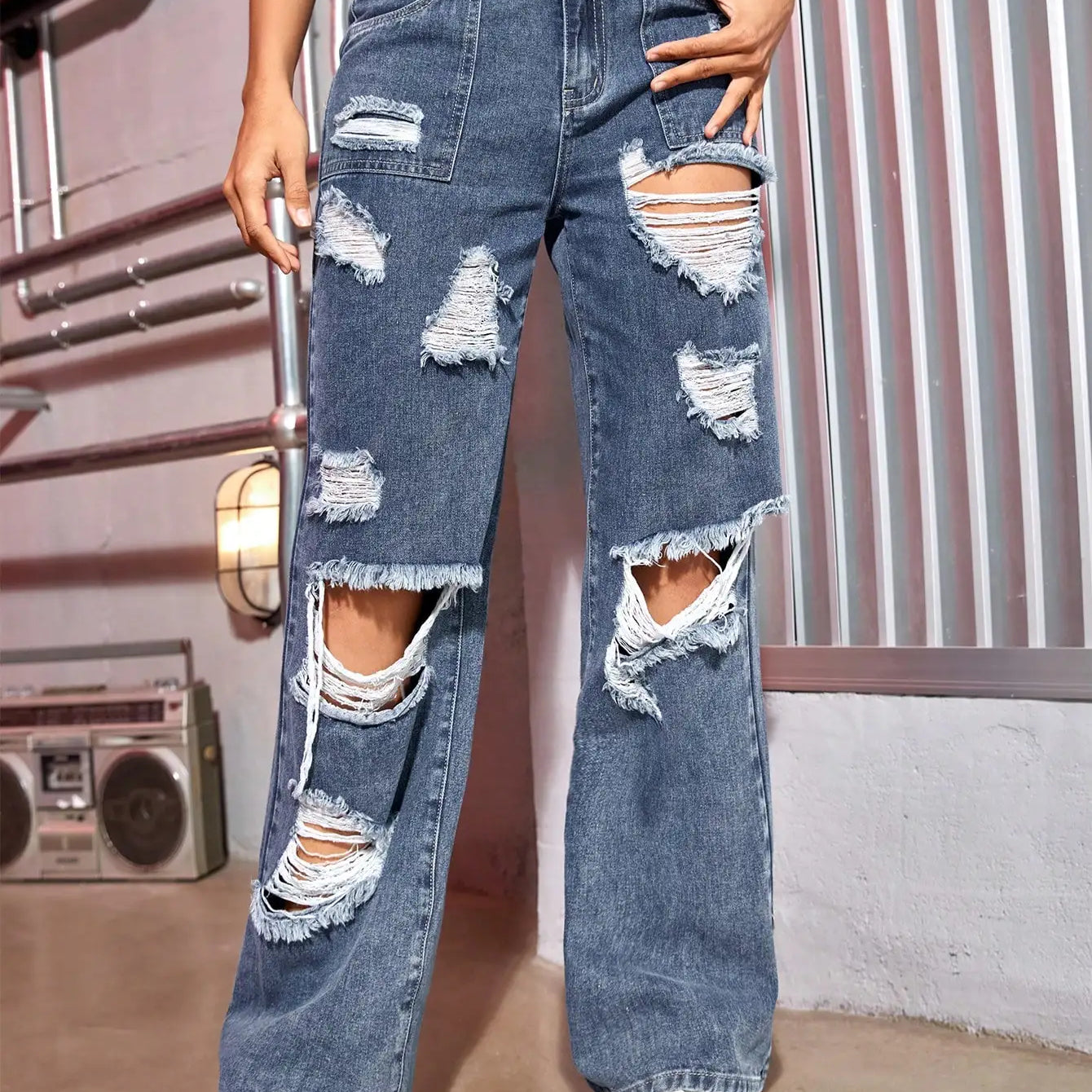 Harajuku Women Fashion Cargo Jeans Street Ripped Details Straight Leg Denim Trousers Simple Casual Baggy Pants Mujer deep-blue