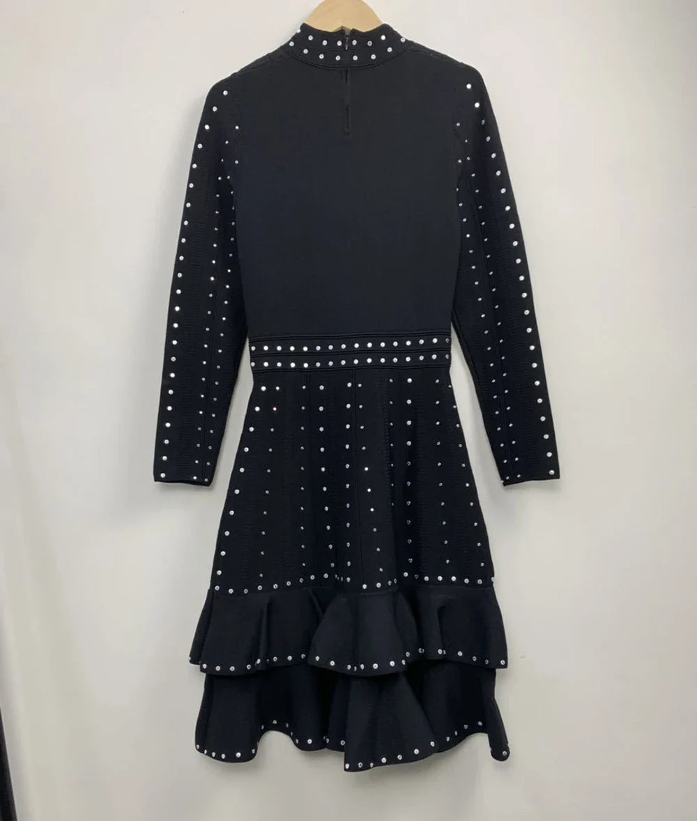 Ailigou New Women's Black Sexy Luxury Diamond Knitted Mini A-line Dress Long sleeved Ruffle Edge Layered Formal Party Dress