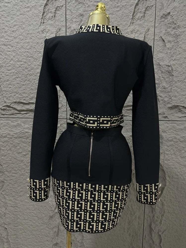 Women's new black fashionable long sleeved button jacquard top+high waist hip bag skirt two-piece bandage set