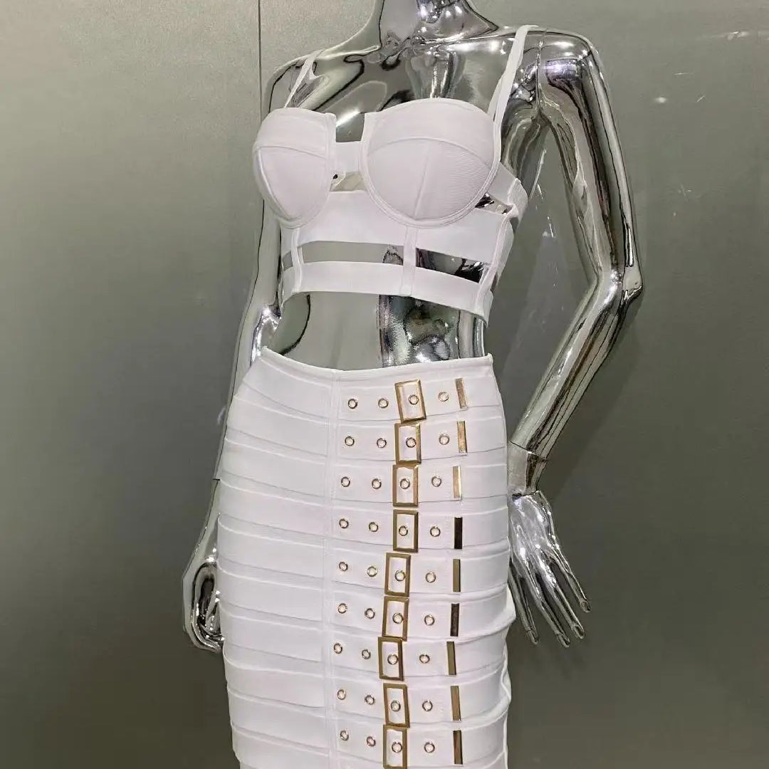2025 Summer women's new white sexy camisole top+belt buckle mini skirt fashionable 2 piece bandage set