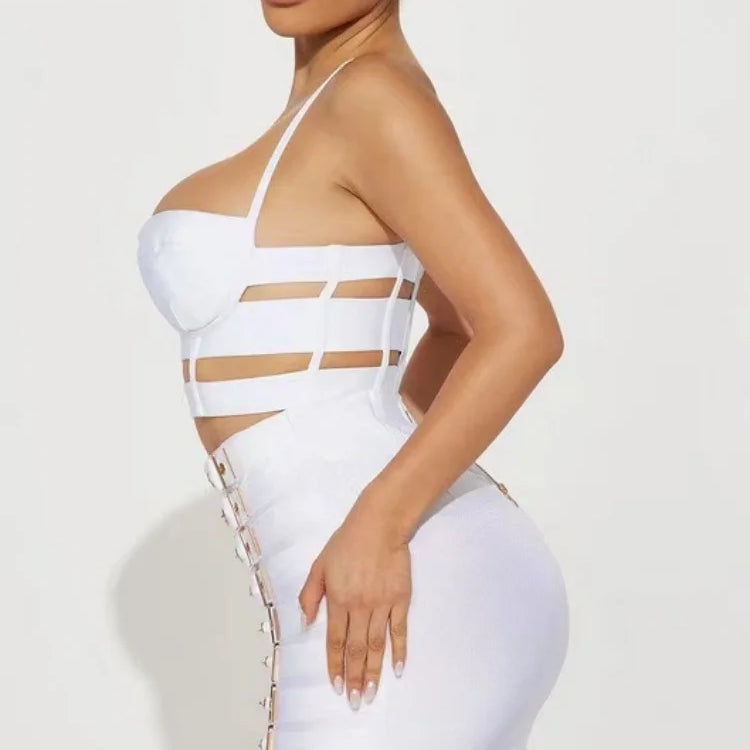 2025 Summer women's new white sexy camisole top+belt buckle mini skirt fashionable 2 piece bandage set