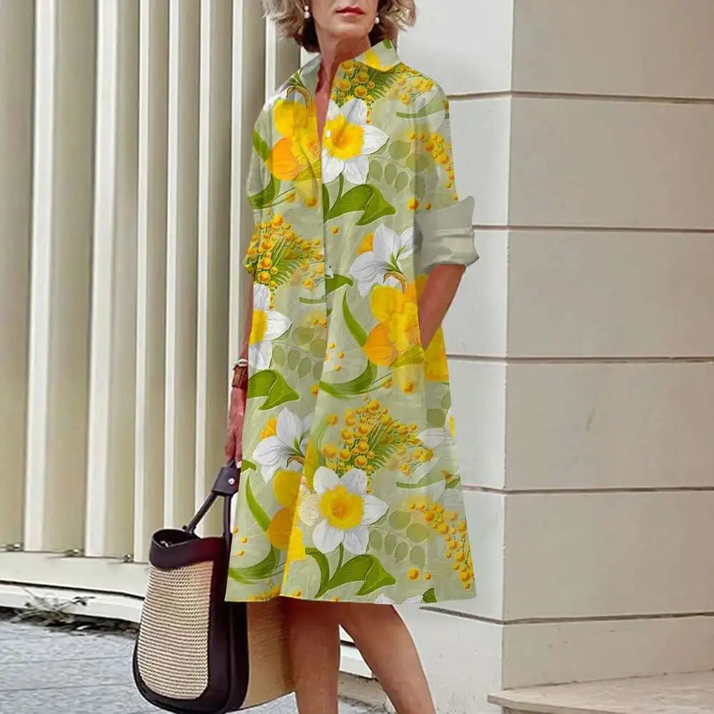 Vestidos de camisa elegantes femininos, moda outono, florais, manga comprida, soltos, linha A, vestidos femininos para escritório, vermelho, verde, lapela